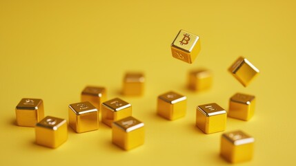 Golden Bitcoin Blocks Floating Above a Vibrant Yellow Background