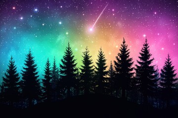 Fototapeta premium Vibrant Night Sky with Shooting Star and Silhouette of Pine Trees