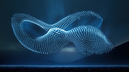 Hundreds of synchronized LED drones forming animal shapes and rotating geometric figures above a giant open-air crowd during a night circus festival