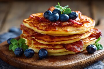 Stack of pancakes with blueberries and syrup