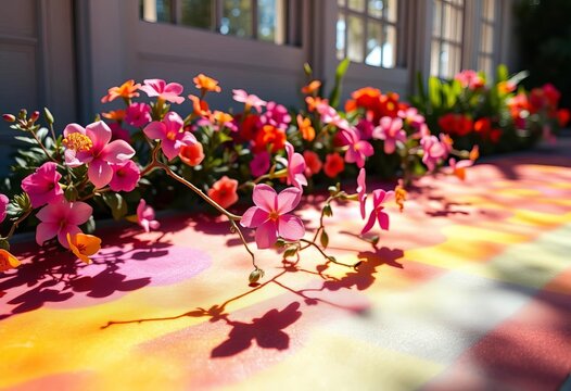 Vibrant blooms cast colorful, playful shadows on sun-drenched surface, shade, radiant