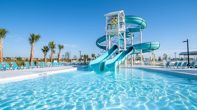 Exhilarating water park pool with a towering waterslide plunging into the clear blue water creating a thrilling and refreshing summertime adventure for all ages