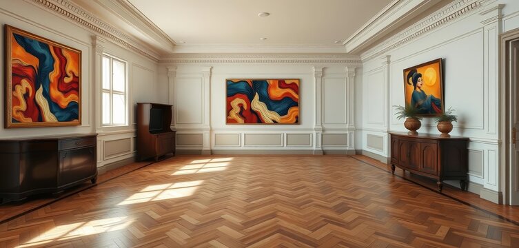 Empty room, modern parquet floor, classic walls, apartment, photography