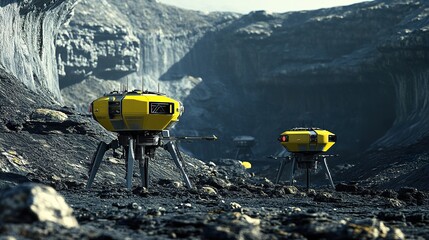 Exploration robots surveying a rocky alien planet in a stark landscape setting