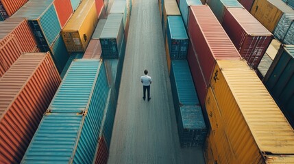 Fototapeta premium Businessman stands amidst shipping containers