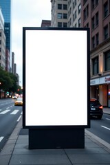 Empty white billboard in busy city street with blank space for advertisement, message, marketing