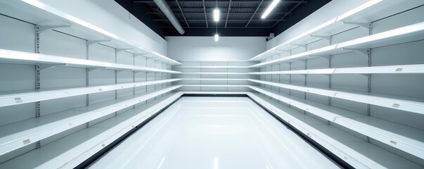 Obraz premium Empty white supermarket shelves, ready for merchandise, barren, interior, retail