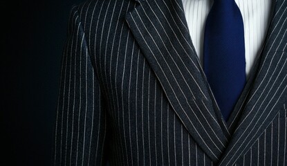 Elegant Pinstripe Suit with Blue Tie on Dark Background