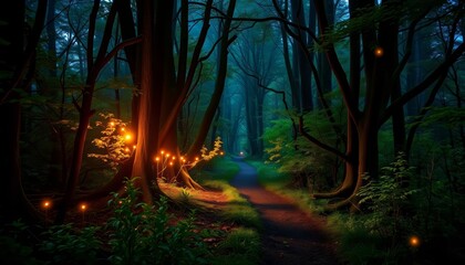 Naklejka premium Enchanted forest path, fireflies illuminate the way, mysterious shadows, digital art, magic
