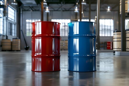 Shiny Red and Blue Industrial Barrels Stand in a Large Warehouse, Reflecting Light on Polished Concrete Floor; Two Cylindrical Containers Rest Side by Side in a Spacious Factory Setting