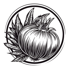 Detailed Black and White Engraving of a Pomegranate with Leaves