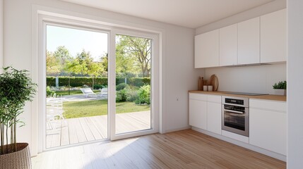 Fototapeta premium Modern Kitchen Interior with Sliding Doors Opening to Garden View