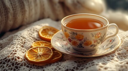 Close-up of a vintage teacup with herbal tea, resting on lace and burlap fabric, surrounded by dried orange slices, warm ambient side lighting enhancing rustic texture.