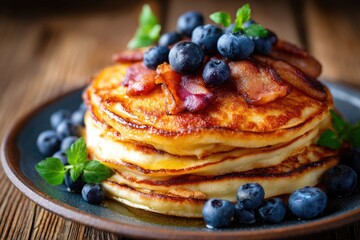 Pancakes Stack With Blueberries And Bacon