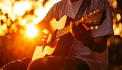 Obraz premium Person playing acoustic guitar at sunset