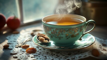 Fototapeta premium Close-up of steaming green tea in antique teacup, intricate lace cloth beneath, vintage spoon with patina, dried fruits and nuts elegantly arranged under soft window light.