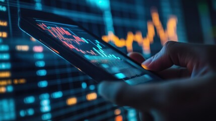 Close-up of a hand holding a phone displaying stock market graphs.  A complex financial dashboard is in the background
