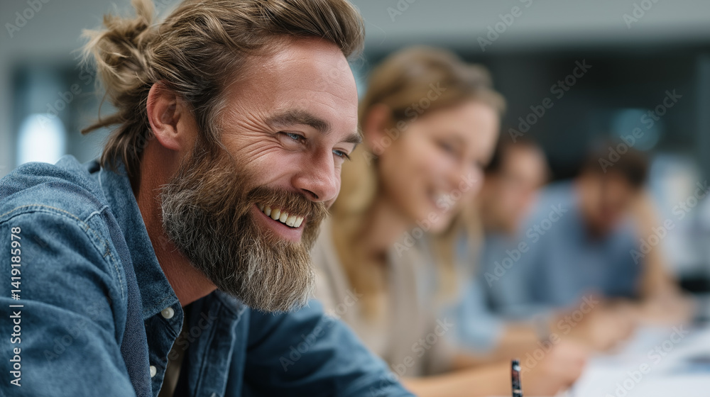 Poster smiling coworkers enthusiastically exchange ideas while planning their next project in a bright, con