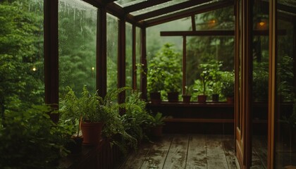 Rain-drenched greenhouse with lush plants