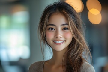 Smiling young woman with beautiful long hair enjoys a moment indoors in a modern setting with warm lighting