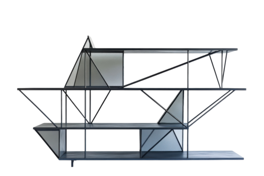 Modern geometric shelving unit design sleek black metal frame with grey wood shelves on transparent background