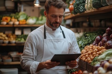 Chef reviewing fresh produce and ingredients in a vibrant market setting during the day