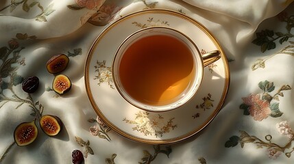 Overhead view of an elegant tea scene, porcelain teacup with gold edging on embroidered fabric, figs and raisins scattered around, ambient soft light casting gentle shadows.