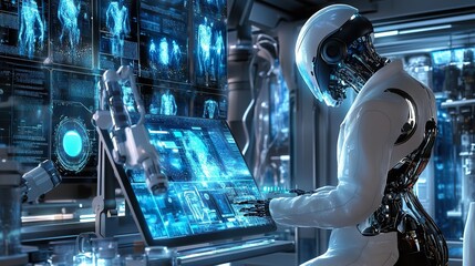 Futuristic Robot Doctor Analyzes Medical Data in Advanced Healthcare Facility