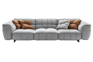 Modern gray sofa with brown pillows perfect for contemporary living rooms Clean lines tufted on transparent background