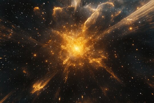 Cosmic explosion in deep space.  A dazzling display of golden energy radiating outwards from a central point, amidst a backdrop of countless stars and nebulae