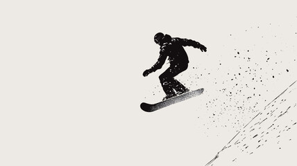 Naklejka premium This high-contrast monochrome image depicts a silhouetted skier against a bright, nearly white background, with the subject performing aerial maneuvers in mid-air, giving it a slight sense of motion.