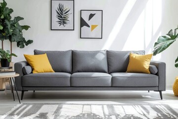 A modern living room with a gray couch and yellow throw pillows, a patterned rug, and two framed art pieces on the white wall