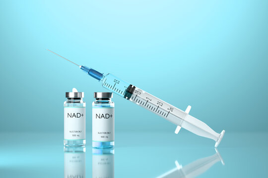 Medical syringe with a needle and a vials with NAD+ solution on blue background. Concept of anti-aging therapy and life extension. 3d illustration, rendering. Copy space