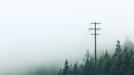 Solitary utility pole standing tall in a scenic misty mountain landscape creating a minimalist and atmospheric industrial scene