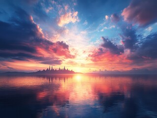 Fototapeta premium Celestial gathering of ancient gods over a tranquil ocean at dusk.