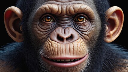 Close Up Chimpanzee: A striking close-up portrait of a chimpanzee, its intelligent eyes gleaming, conveying a sense of curiosity and connection, set against a clean background.