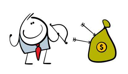 Satisfied businessman reached his goal, hit the money bag with an arrow. Vector illustration of a man in a business suit holding a bow. Cartoon people isolated on white background.