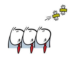 Group of sad colleagues looks at the flying banknotes. Vector illustration of unsuccessful businessmen and losses for the company. Money flaps its wings. Cartoon people isolated on white background.