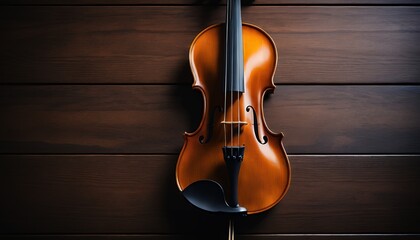 Fototapeta premium Violin Resting Against Dark Wooden Wall Musical Instrument Still Life