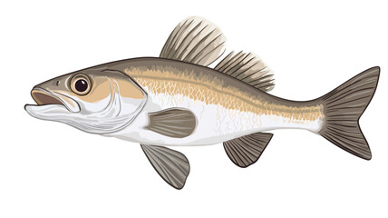 Obraz premium A detailed digital illustration of a European sea bass is presented against a plain white background. The illustration shows the fish from a side view, highlighting its