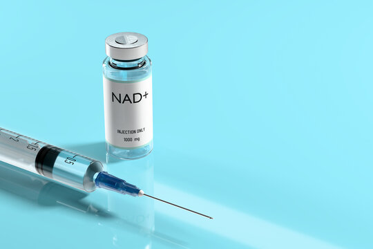 NAD+. Syringe and vial for injection on blue background. Concept of anti-aging therapy and life extension. 3d illustration, render.