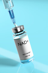 NAD+ solution in vial for injection and syringe close-up on a blue glossy laboratory table. Concept of anti-aging therapy and life extension. 3d illustration, rendering.