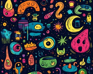 Obraz premium Vibrant, whimsical doodle pattern. Colorful cosmic creatures and shapes on dark background. Perfect for textile, wallpaper, and web design.