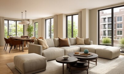 Fototapeta premium Modern open-plan living area with large windows, featuring a dining area, comfortable seating, and a stylish coffee table