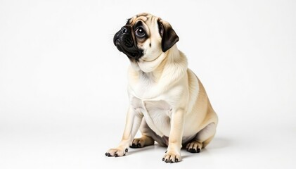 Obraz premium Adorable pug dog sits, isolated on white background, portrait, animal