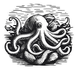Fototapeta premium Intricate Black and White Engraving of an Octopus