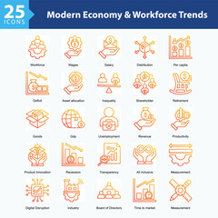Modern Economy & Workforce Trends is a collection of icons in sheet format showcasing modern economic dynamics, workforce trends, and digital shifts in global industries.