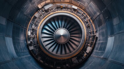 Detailed view of a turbine engine showcasing complex engineering and technology