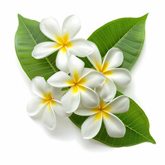 Fototapeta premium Fragrant tropical blossoms white with yellow centers surrounded by vibrant green leaves natural beauty and tranquility