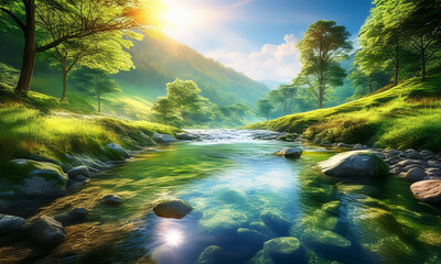 Generated Image 5月　森　新緑　木々　風景　朝の光　緑　葉　輝き　森林浴　清々しい　雰囲気　奥行き　木漏れ日　芝生　苔　自然　美しい　癒し　景色　澄んだ　青空　豊か　公園　風景　風　木陰　明るい　心地よい　初夏　空気　ピクニック　明るい　開放的　里山 水面　山　鮮やか 　生命力　のどか　穏やか　自然の恵み　日本　渓谷　清流　透明　水　岩　涼しい　爽やか　朝　マイナスイオン